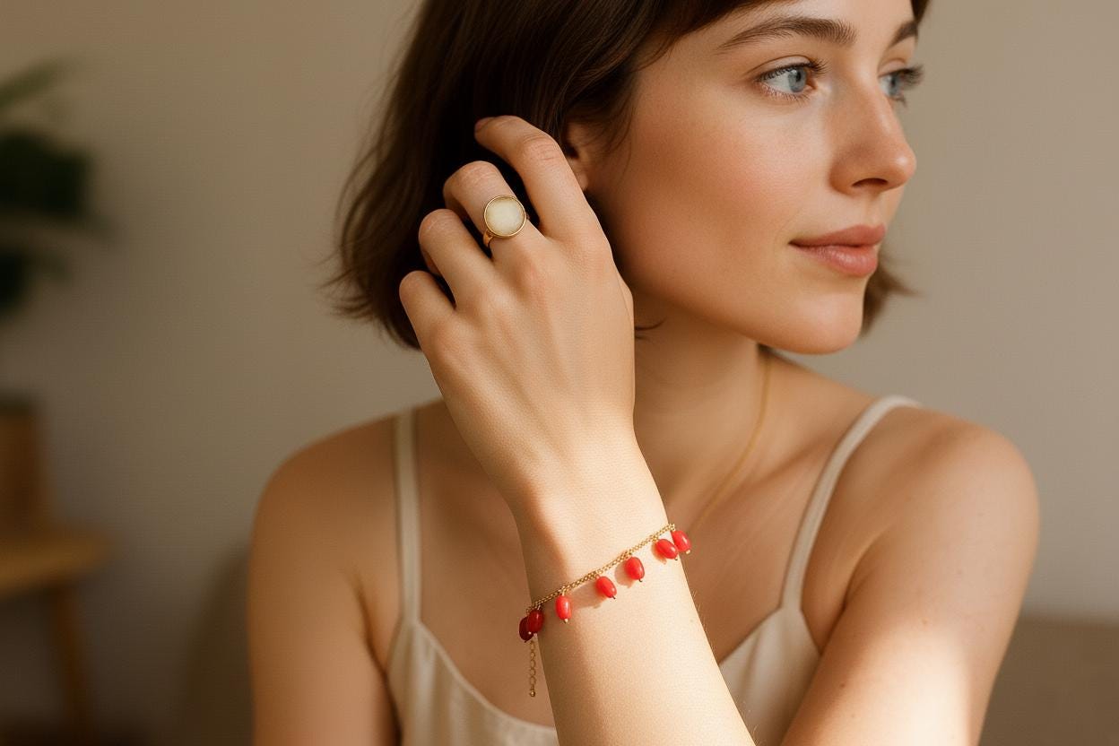 Red Coral Dangle Bracelet Gold Plated | Delicate Nugget Charm Chain | Mediterranean Minimalist Summer Jewelry | Ankle Bracelets Gift for her