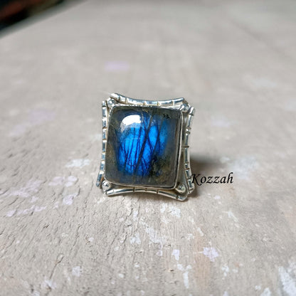Labradorite Statement Ring | Rustic Sterling Silver Ring | Square Stone Viking Jewelry | Flashy Blue Fire Crystal Gift for Him/Her