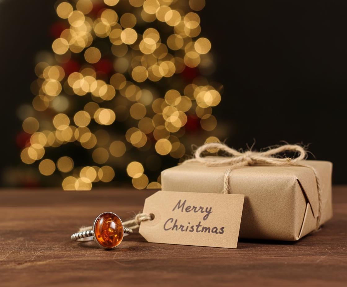 Natural Baltic Amber Sterling Silver Ring | Oval Cabochon with Inclusions | Handmade Boho Beaded Band | Gift for Her Anniversary Jewelry