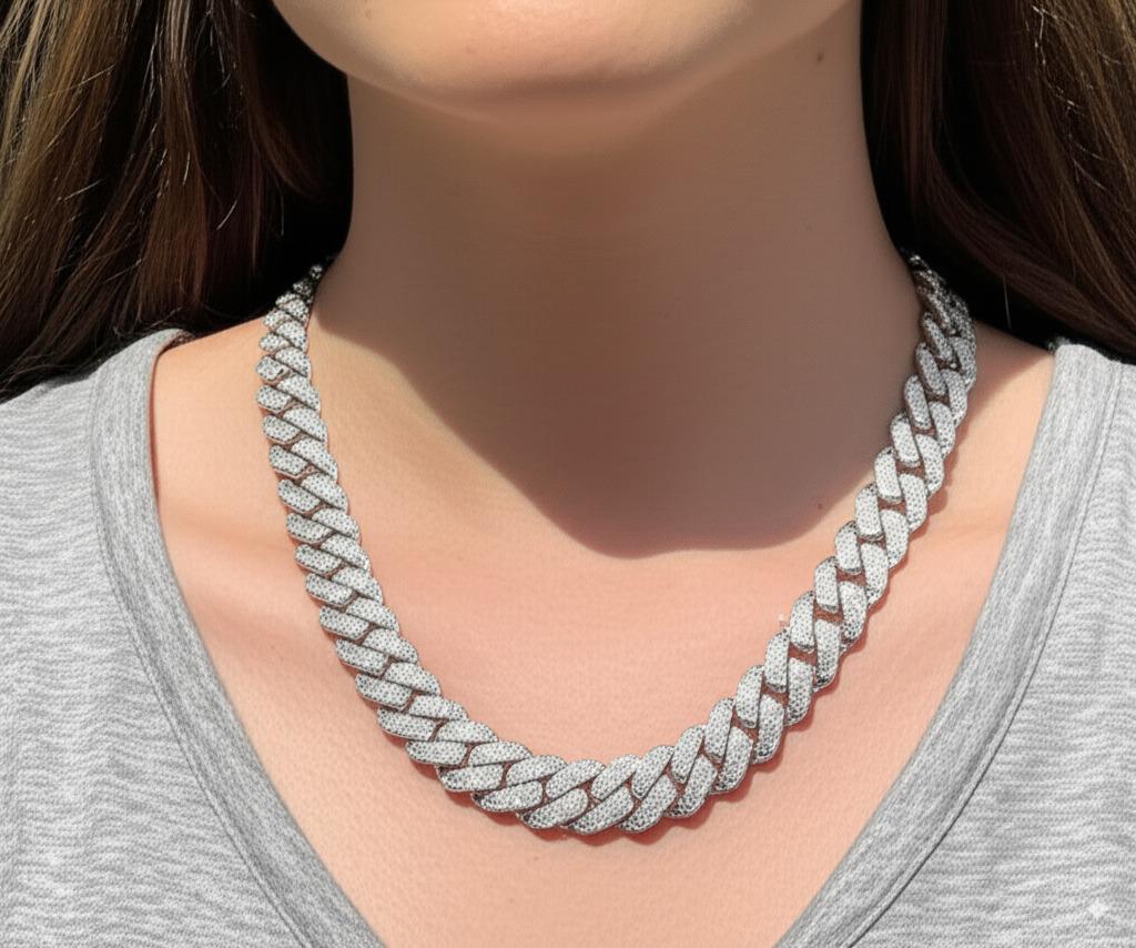 Iced Cuban Link Chain | White Gold Plated Stainless Steel Necklace | Diamond Simulant Bling Hip Hop Jewelry | Mens & Womens Statement Chain