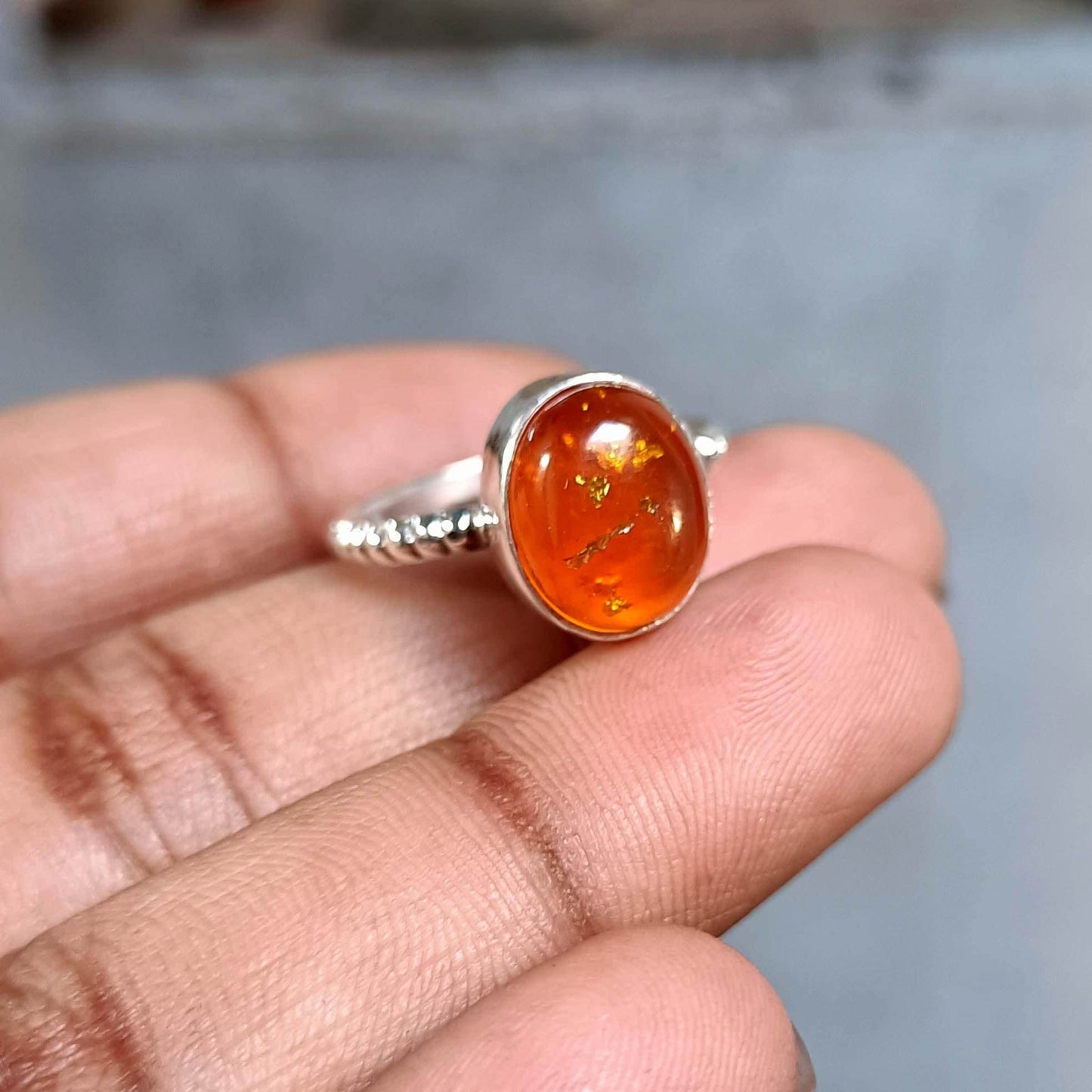 Natural Baltic Amber Sterling Silver Ring | Oval Cabochon with Inclusions | Handmade Boho Beaded Band | Gift for Her Anniversary Jewelry
