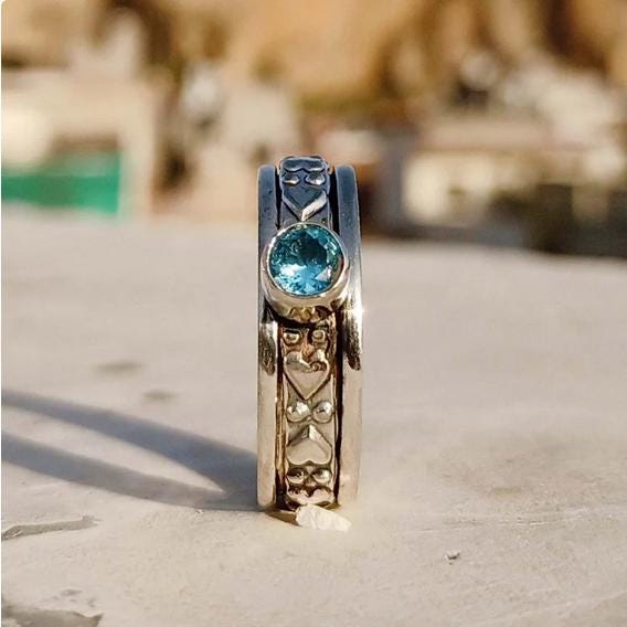 Blue Topaz Ring, Spinner Band Ring, 925 Starling Silver Ring, Worry Ring, Gemstone Ring, Natural Blue Topaz, Handmade Ring, Dainty Ring