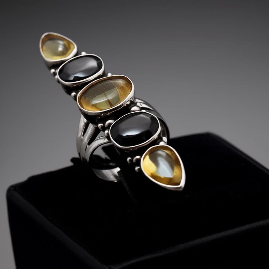 Statement Garnet Silver Ring, Unique Long Sterling Silver Cocktail Ring, Bohemian Gemstone Stack Ring, Handmade ring, Show Ring for her,