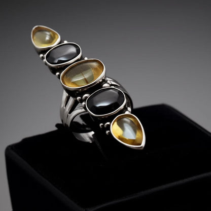 Statement Garnet Silver Ring, Unique Long Sterling Silver Cocktail Ring, Bohemian Gemstone Stack Ring, Handmade ring, Show Ring for her,