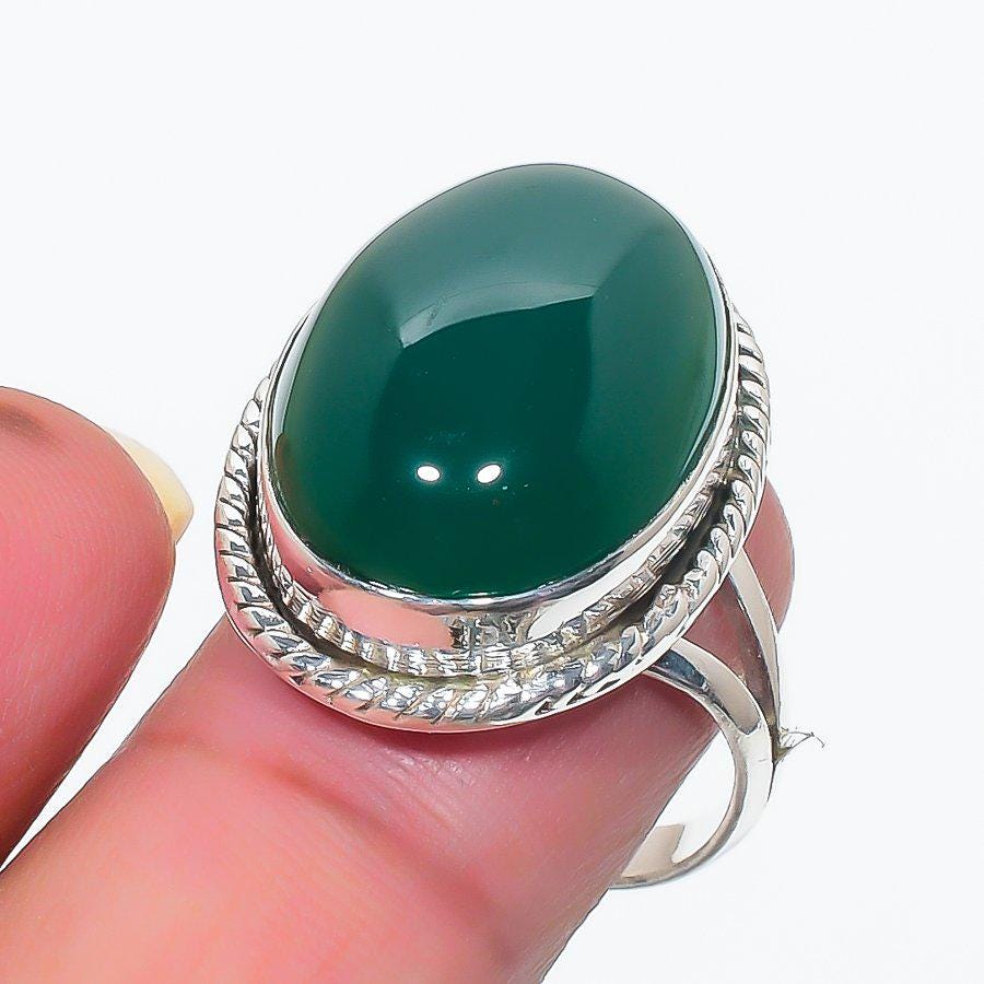 Sterling Silver Green Onyx Ring | Natural Gemstone Statement Jewelry| Handmade Bohemian Green Onyx Ring | Dainty 925 Silver Gemstone Jewelry