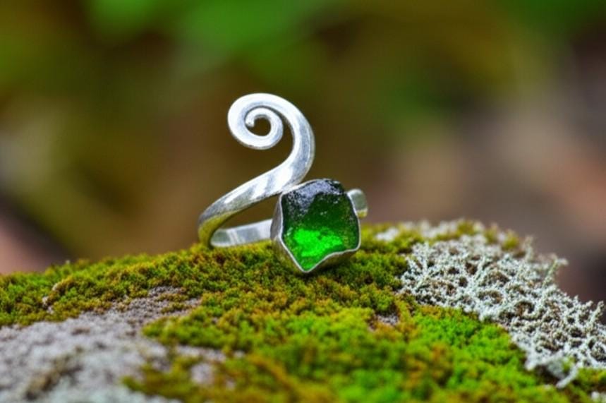 Moldavite Rough Ring, Natural Gemstone Ring,  925 Sterling Silver, Handmade Designer Jewelry, Gift, Stylish ring, Gift for her, Green stone