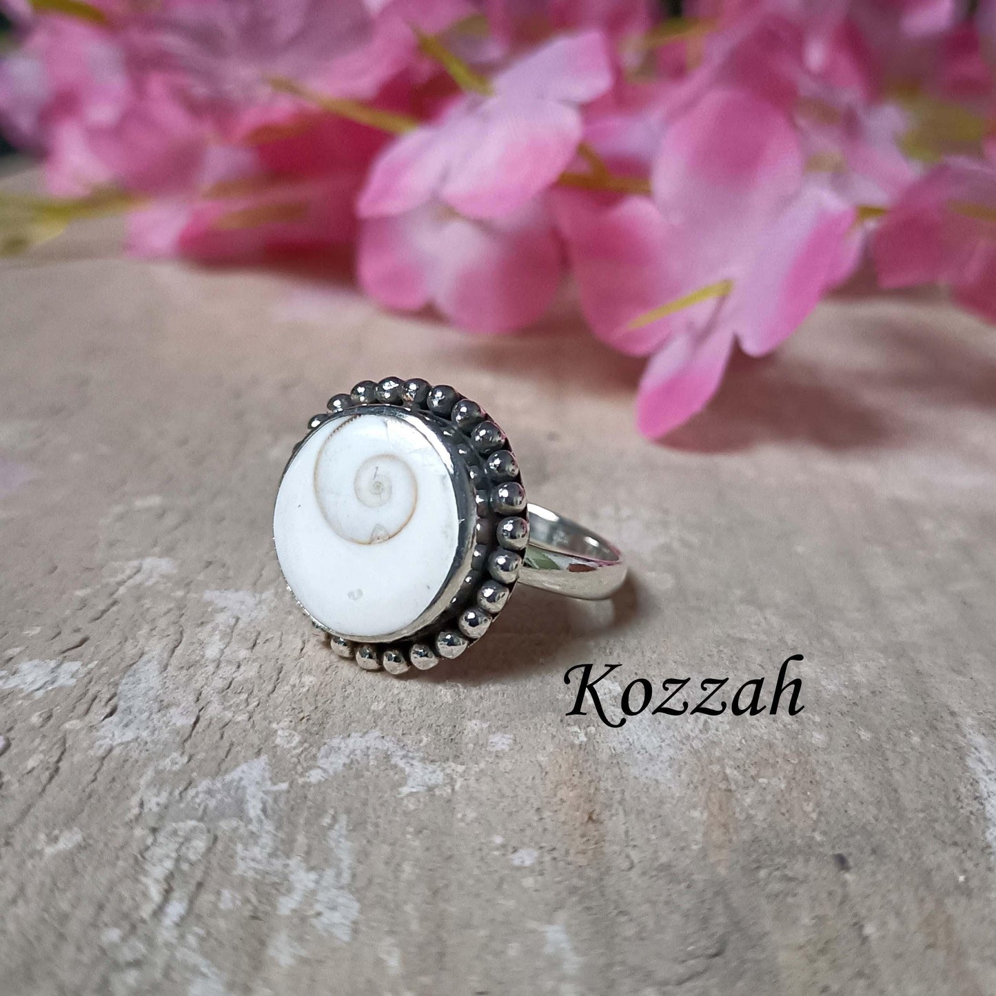 Shiva Eye Shell Ring | Sterling Silver Spiral Jewelry | Beaded Edge Boho Cowrie Ring | Natural Ocean Statement Gift