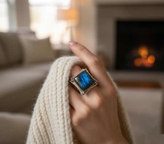 Labradorite Statement Ring | Rustic Sterling Silver Ring | Square Stone Viking Jewelry | Flashy Blue Fire Crystal Gift for Him/Her