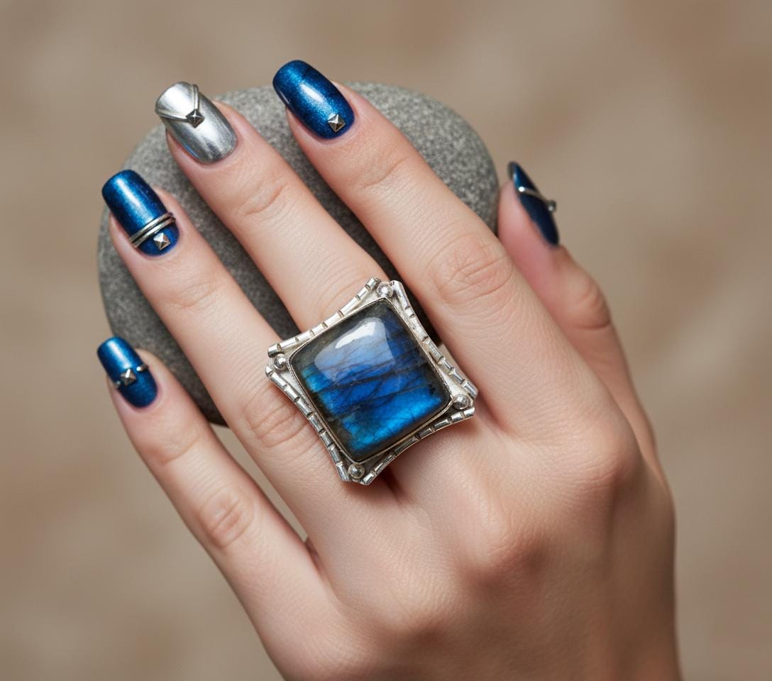 Labradorite Statement Ring | Rustic Sterling Silver Ring | Square Stone Viking Jewelry | Flashy Blue Fire Crystal Gift for Him/Her