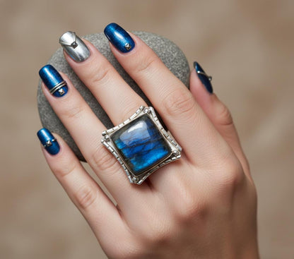 Labradorite Statement Ring | Rustic Sterling Silver Ring | Square Stone Viking Jewelry | Flashy Blue Fire Crystal Gift for Him/Her