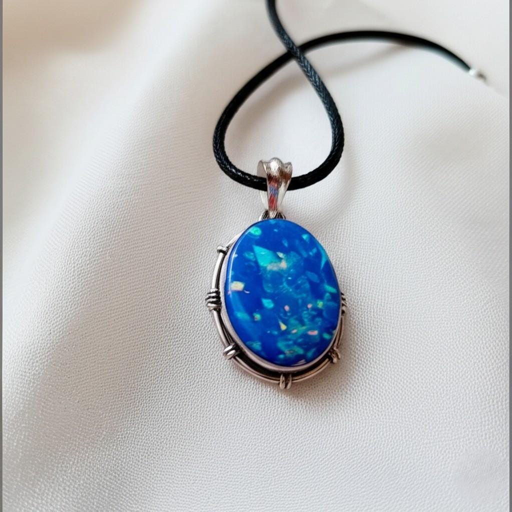 Mystic Blue Opal Pendant: Sterling Silver Bezel, Statement Necklace