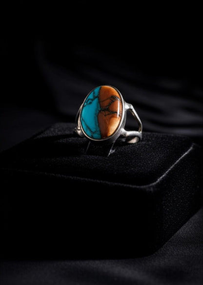 Natural Spiny Oyster and Turquoise Sterling Silver Ring- Unique Coastal Jewelry | Handmade Turquoise Ring, Oval Turquoise Ring, Gift for her