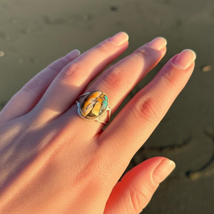Natural Spiny Oyster and Turquoise Sterling Silver Ring- Unique Coastal Jewelry | Handmade Turquoise Ring, Oval Turquoise Ring, Gift for her