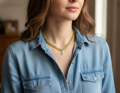 Raw Peridot Chip Necklace - Dainty Minimalist Peridot Choker - August Birthstone Jewelry - Tumbled Gemstone Healing Crystal Necklace | Gifts