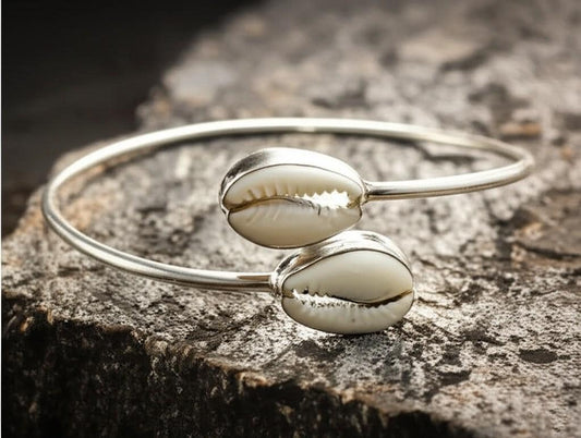 Sterling Silver Cowrie Shell Bangle | Boho Beach Jewelry | Handmade Nautical Bracelet | Gift for Her, Christmas Gift