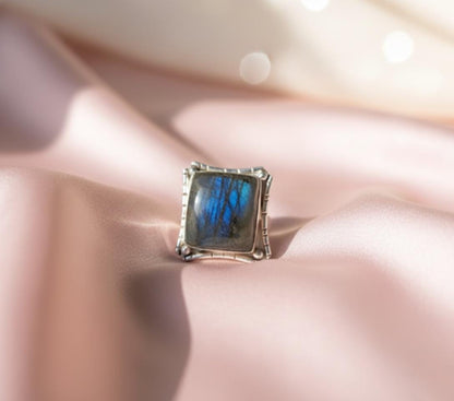 Labradorite Statement Ring | Rustic Sterling Silver Ring | Square Stone Viking Jewelry | Flashy Blue Fire Crystal Gift for Him/Her