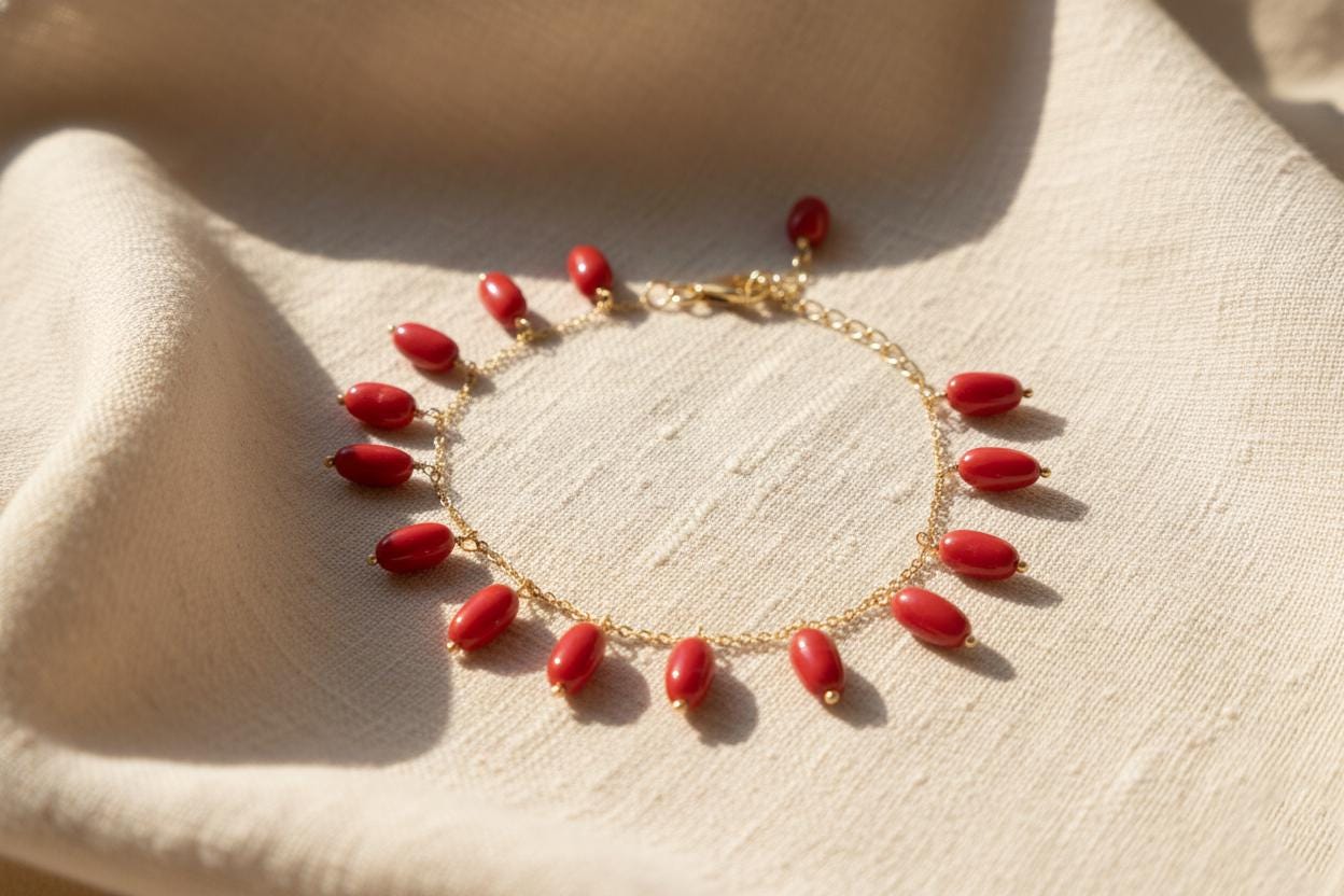 Red Coral Dangle Bracelet Gold Plated | Delicate Nugget Charm Chain | Mediterranean Minimalist Summer Jewelry | Ankle Bracelets Gift for her