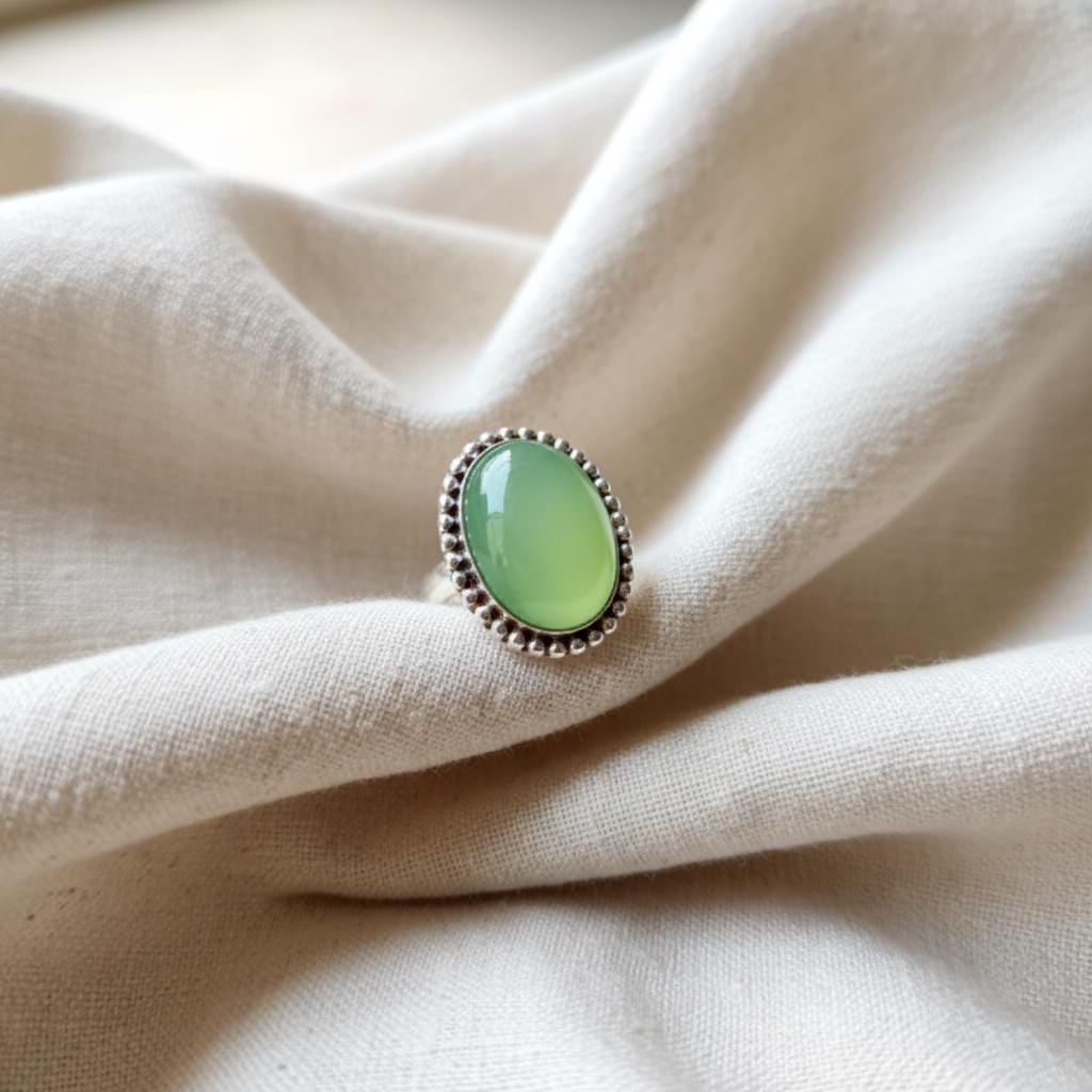 Prehnite Ring, Handmade Ring, Dainty Ring, Gemstone Ring, Natural Prehnite, Statement Ring, Bohemian Ring, Oval Green Gemstone Ring, Gift