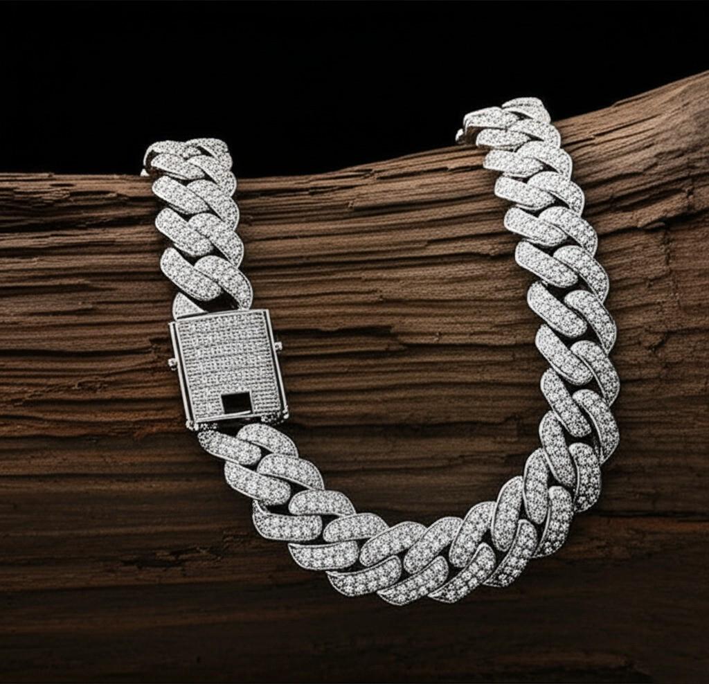 Iced Cuban Link Chain | White Gold Plated Stainless Steel Necklace | Diamond Simulant Bling Hip Hop Jewelry | Mens & Womens Statement Chain