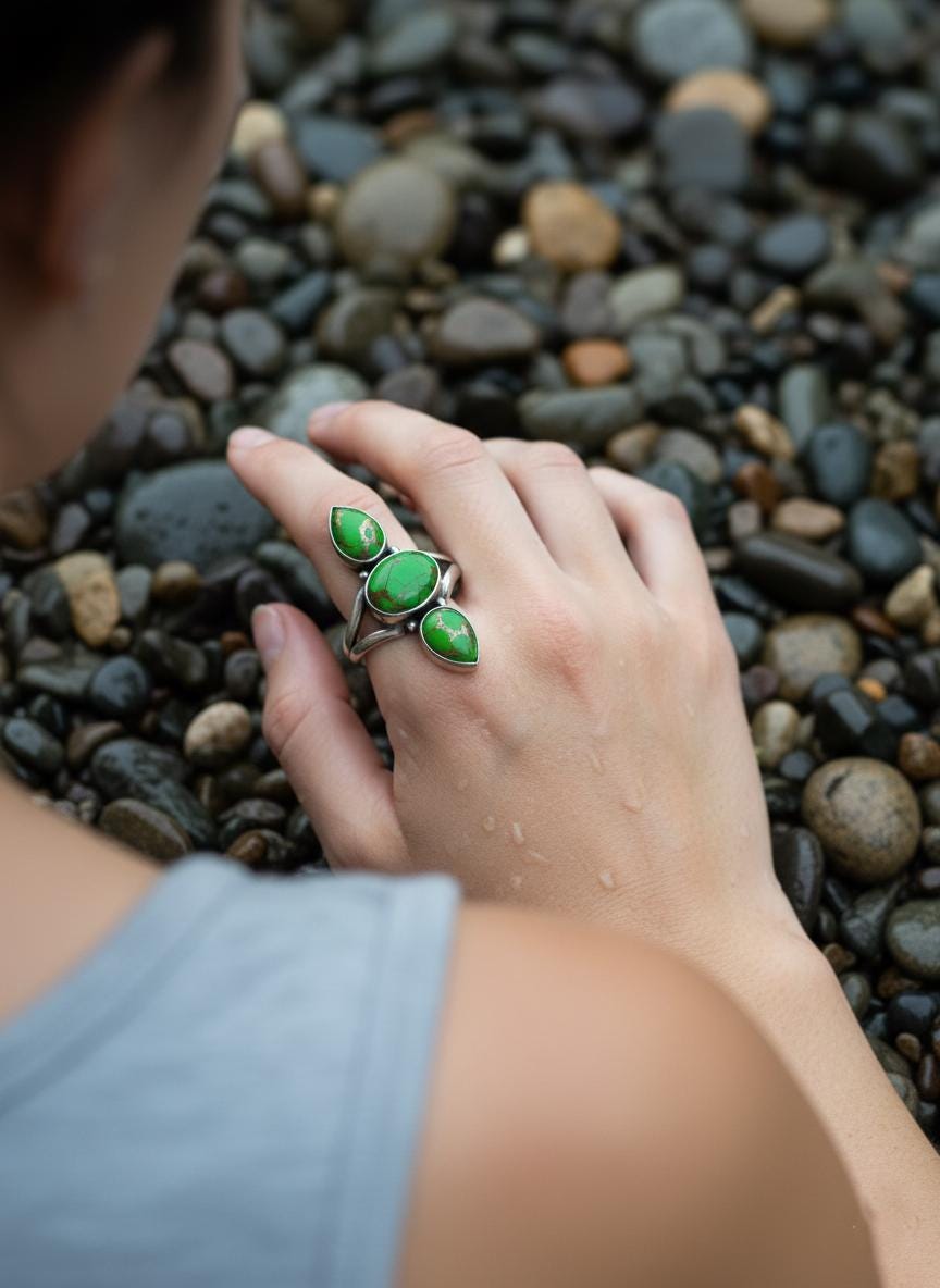 Matrix Trio Ring, Emerald Green Veined Statement Ring, Three Stone Green Matrix, Silver Ring, Handmade silver ring, Gold Gemstone Ring, Gift