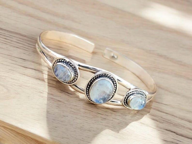 Triple Moonstone Sterling Silver Cuff Bracelet | Three Stone Oval Bangle | Vintage Style Gemstone Statement Jewelry | Christmas Gift | Gift