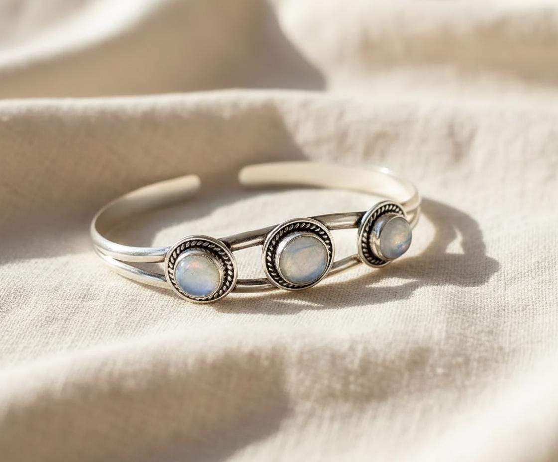 Triple Moonstone Sterling Silver Cuff Bracelet | Three Stone Oval Bangle | Vintage Style Gemstone Statement Jewelry | Christmas Gift | Gift