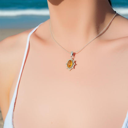 Dainty Citrine Sterling Silver Pendant, Large Citrine Statement Silver Pendant, Vintage Style Citrine Handmade Pendant, Gift for her