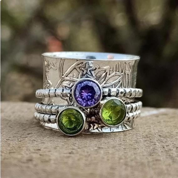 Sterling Silver Spinner Ring: Peridot, Amethyst, Botanical Band