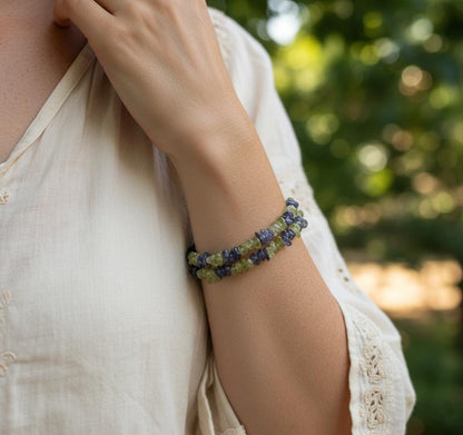 Peridot and Iolite Chip Bracelet | Double Strand Gemstone Bracelet | Green & Blue Natural Crystal Jewelry | Healing Stone Gift for Her