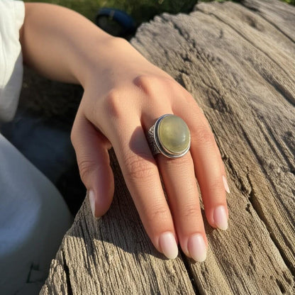 Moonstone Ring | Sterling Silver Moonstone Jewelry | Wide Band Ring | Handmade Gemstone Ring | Boho Moonstone Ring | Etched Silver Ring