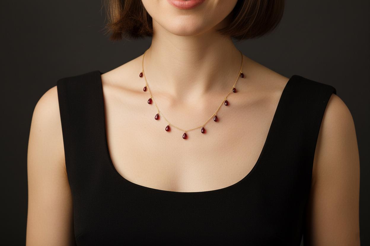 Garnet Drop Necklace Gold Plated | Handmade Gemstone Jewelry | Dainty Red Garnet Necklace | January Birthstone | Christmas Gift | Vintage