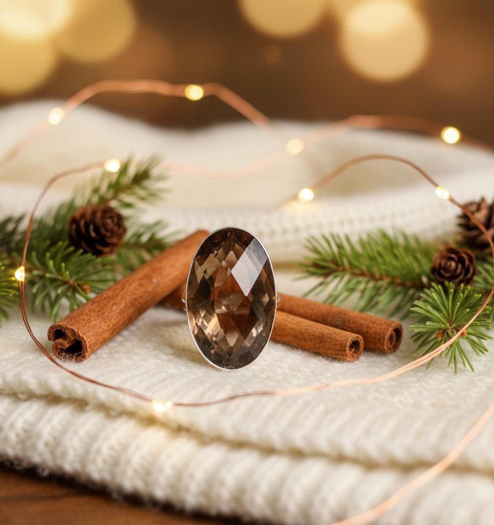 Smoky Quartz Ring, Boho Healing Crystal Ring, Oval Faceted Gemstone, Spiritual Gift for Her