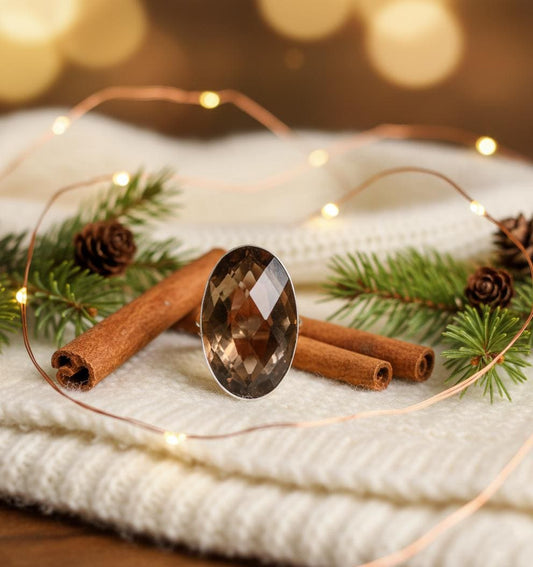 Smoky Quartz Ring, Boho Healing Crystal Ring, Oval Faceted Gemstone, Spiritual Gift for Her