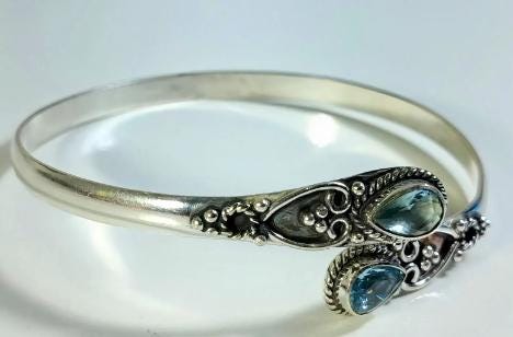 Larimar Sterling Silver Bangle | Handmade Adjustable Cuff Bracelet | Boho Vintage Jewelry for Women | Handmade Larimar Bangle | Gift her