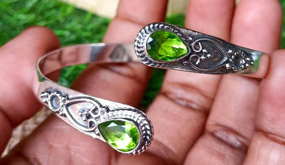 Handmade Silver Peridot Bangle - Ornate Sterling Silver Cuff | Artisanal Peridot Teardrop Bangle - Bohemian Silver Gemstone Bracelet