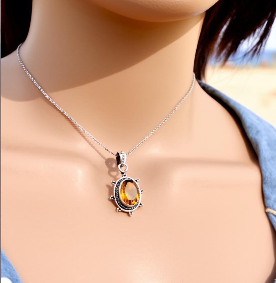 Dainty Citrine Sterling Silver Pendant, Large Citrine Statement Silver Pendant, Vintage Style Citrine Handmade Pendant, Gift for her