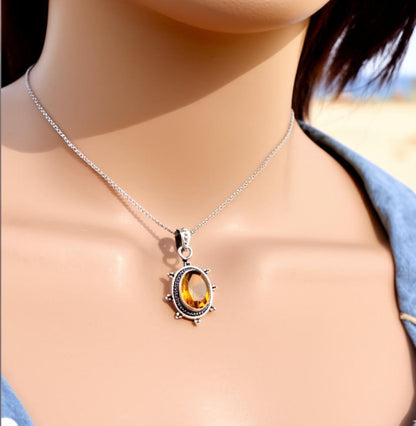 Dainty Citrine Sterling Silver Pendant, Large Citrine Statement Silver Pendant, Vintage Style Citrine Handmade Pendant, Gift for her