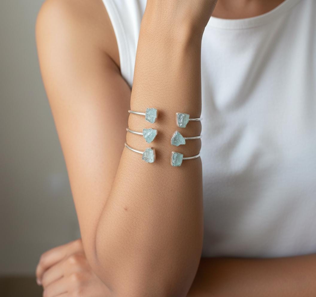Dainty Aquamarine Bangle, Aquamarine Bangle, Handmade Bangle, 925 Silver Bangle Natural Aquamarine, Gemstone Bangle, Dainty Bangle, Gift Her