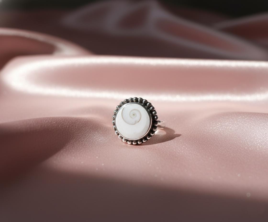Shiva Eye Shell Ring | Sterling Silver Spiral Jewelry | Beaded Edge Boho Cowrie Ring | Natural Ocean Statement Gift