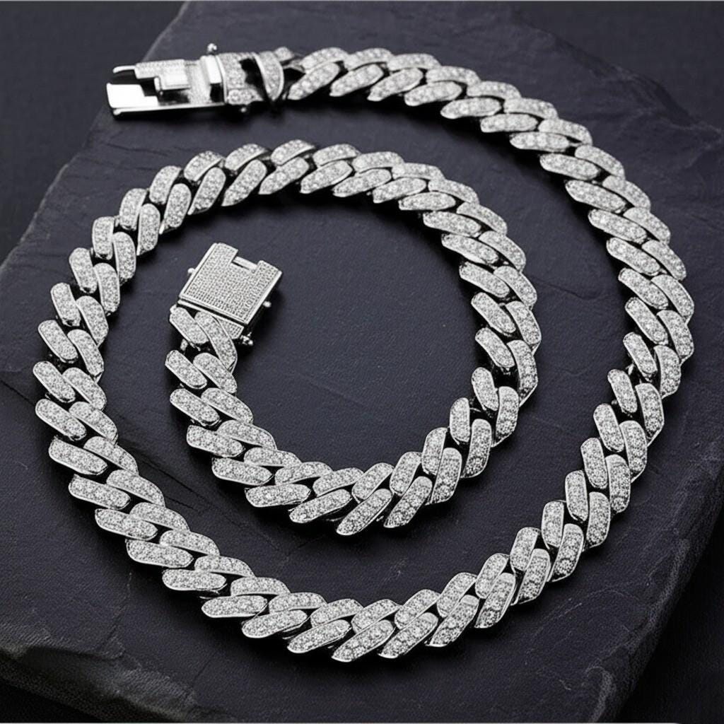 Iced Cuban Link Chain | White Gold Plated Stainless Steel Necklace | Diamond Simulant Bling Hip Hop Jewelry | Mens & Womens Statement Chain
