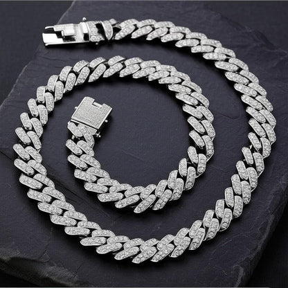 Iced Cuban Link Chain | White Gold Plated Stainless Steel Necklace | Diamond Simulant Bling Hip Hop Jewelry | Mens & Womens Statement Chain