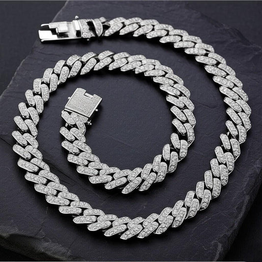 Iced Cuban Link Chain | White Gold Plated Stainless Steel Necklace | Diamond Simulant Bling Hip Hop Jewelry | Mens & Womens Statement Chain