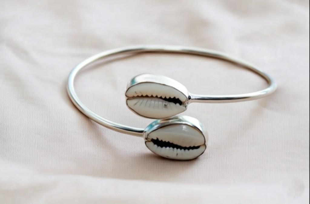 Sterling Silver Cowrie Shell Bangle | Boho Beach Jewelry | Handmade Nautical Bracelet | Gift for Her, Christmas Gift