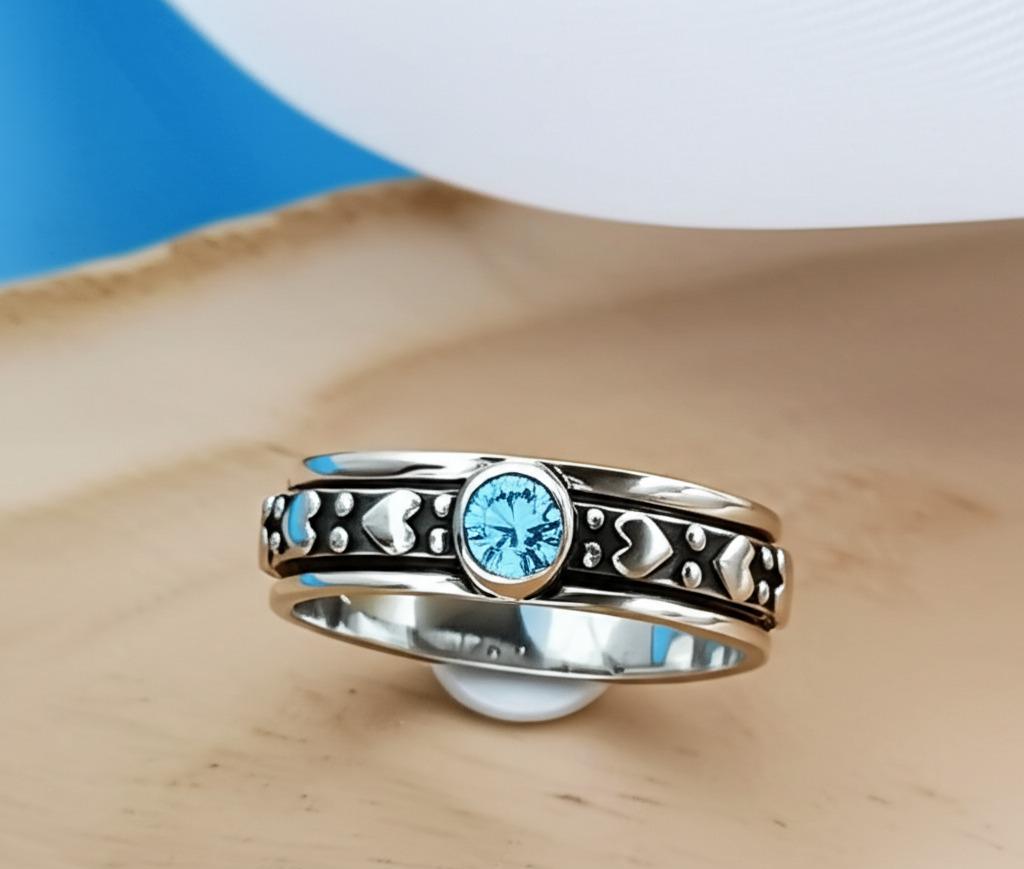 Blue Topaz Ring, Spinner Band Ring, 925 Starling Silver Ring, Worry Ring, Gemstone Ring, Natural Blue Topaz, Handmade Ring, Dainty Ring