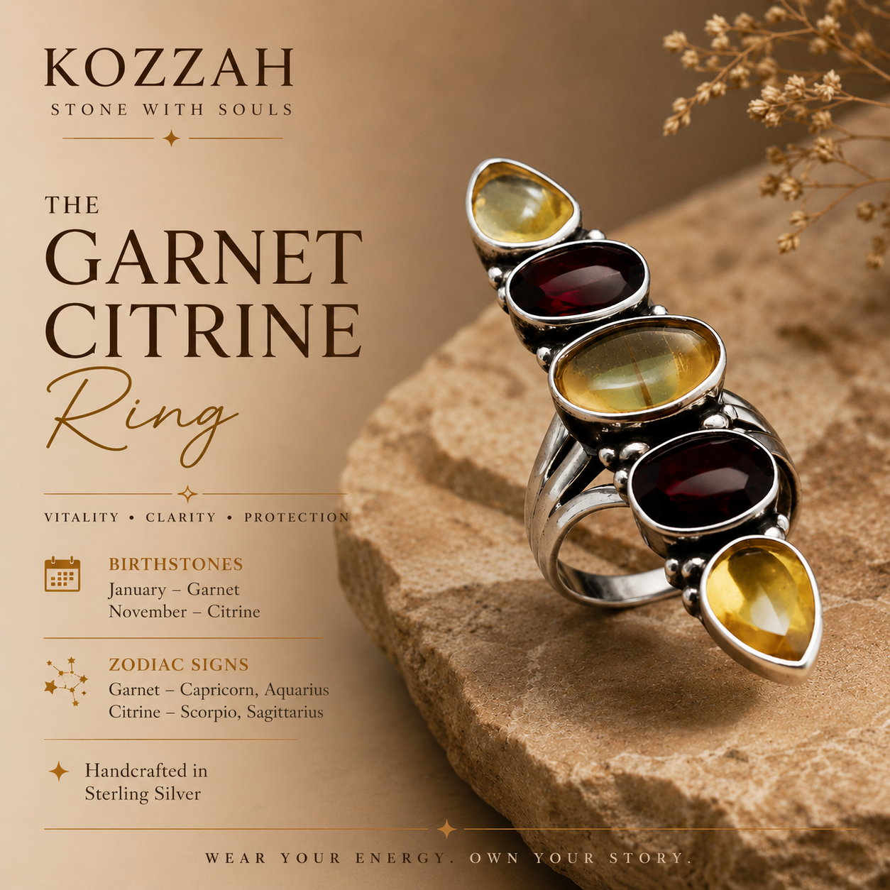 925 Sterling Silver Citrine Black Onyx Vertical Ring Multi Gemstone Band