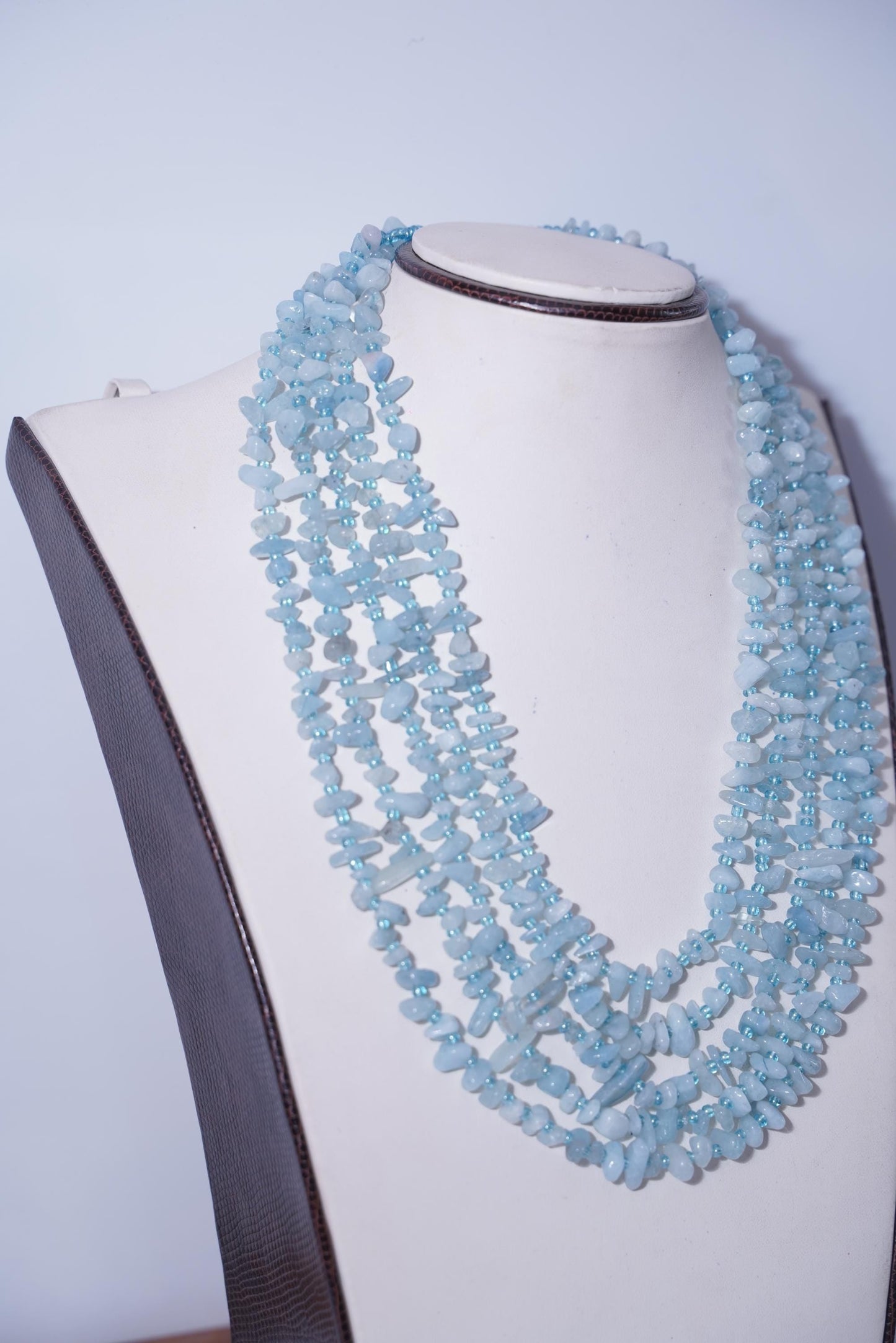 Milly pearl necklace, Aqua gemstone necklace, Five-layer necklace, Multi-layer pearl necklace, Aqua and pearl jewelry, Statement necklace