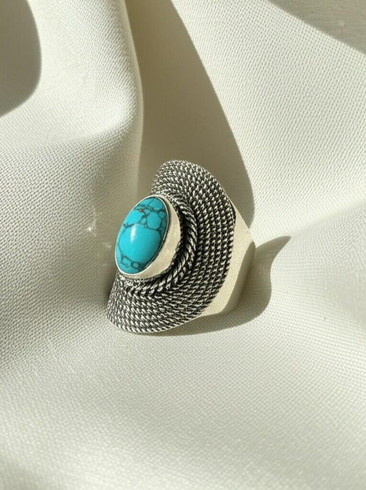 Statement Turquoise Ring | Sterling Silver Filigree Ring | Boho Chic Oval Ring | Bohemian Turquoise Ring | Artisan Silver Statement Ring