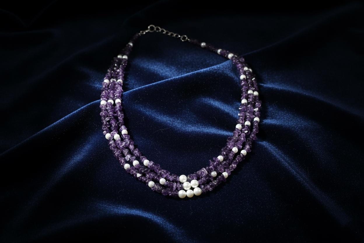 Amethyst and White Glass Pearl Multistrand Necklace – Handmade Beaded Gemstone Statement Necklace, Elegant Purple Jewelry Gift for Her
