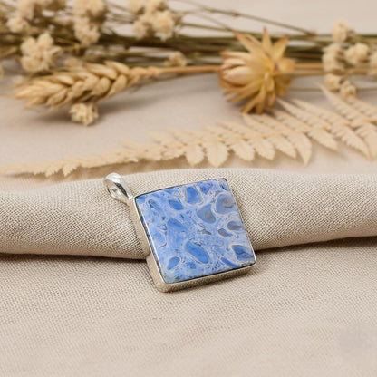 Blue and White Gemstone Square Pendant | Sterling Silver Cabochon Necklace, Handmade Design Pendent, Gift for her, Gemstone Pendent