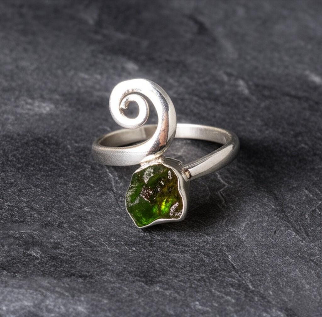 Moldavite Rough Ring, Natural Gemstone Ring,  925 Sterling Silver, Handmade Designer Jewelry, Gift, Stylish ring, Gift for her, Green stone